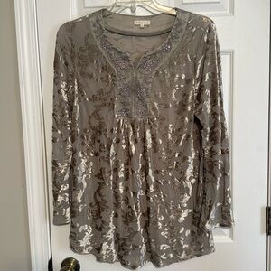 Indigo Soul Tunic Top Sz Lg Silver Gray Sheer VNeck Victorian Boho
